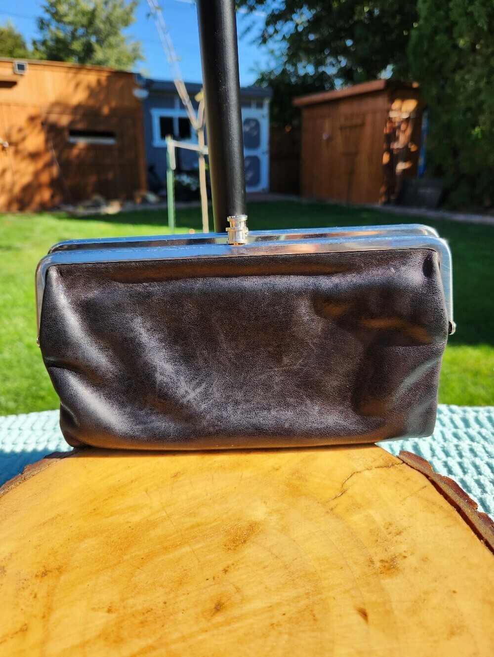 HOBO Black Leather Clutch with Silver Frame